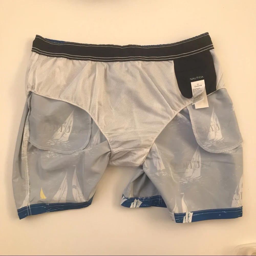 Nautica Vintage Sailboat Print Quick Dry Lined Swim Shorts Blue White Sz XXL NWT